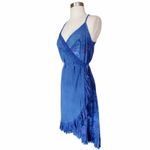 Resort Midi Wrap Dress by T. ZOVICH Cobalt Blue Sleeveless Tan Raw Hem Small Photo 2
