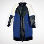 DKNY NEW  Wool Leather Cotton Patchwork Full Zip Jacket Coat Blue Icon Small Photo 0