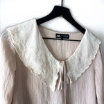 ZARA Beige Ruffle Hem Blouse with Oversized Embroidered Collar Women’s Size M Photo 2
