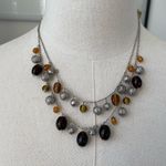 Double Strand Silver Tone Necklace Brown Amber Filagree Photo 1