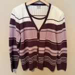 Alfred Dunner Women’s Size XL Faux Twinset Sweater Purple White Striped Cardigan Brown Photo 0