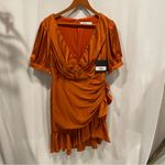 Mac Duggal  NWT pumpkin spice sexy satin puff sleeve mini ruffle dress faux wrap Photo 14