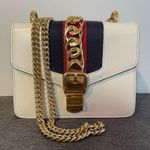 Gucci Sylvie Mini Leather Shoulder Bag, White w/ Red & Blue Sherry Line-Preowned Photo 0