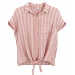 Old Navy  Pink White Stripe Linen Blend Button Front Tie Waist Shirt Womens Med Photo 0