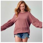 Women’s Boho Chic Raspberry Mauve Shirred Lantern Long Sleeve Solid Top Sz Large Pink Photo 2