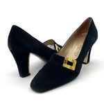 St. John Black Suede Gold Buckle Heels Made in Italy Pumps Size 7 Vintage 80s Photo 6