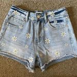 Angel Kiss Blue Denim Jean Shorts with White and Yellow Embroidered Flowers, Size 0/24 Photo 0