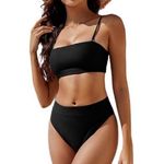 Women's Bandeau Bikini Swimsuit High Waisted Bottom Black Size Large EUC #1148 Photo 0