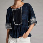 Pilcro Anthropologie  Orchid Embroidered Top Navy Blue White EUC Size Small Photo 0