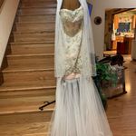 Beaded Lace Bodycon Strapless Dress with Train Tan Size 0 Photo 15