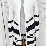 Belldini Crochet Pointelle Striped Duster Cardigan Sweater White Black Medium Photo 0