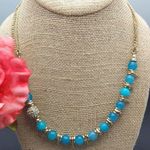 NWT Sequin Gold Tone & Blue Bead Collar Necklace Asymmetrical Paved Pendant 18" Photo 1