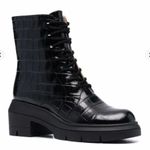 Stuart Weitzman Nisha Black Croc-Embossed Leather Ankle Boots, Size 7 (EU 37.5) Photo 0