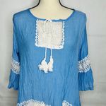 Swimsuit Coverup Dress Women One Size Blue White Crochet Lace Trim Boho Peasant Photo 1