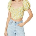 ASTR  Paola Yellow Floral Print Smocked Sweetheart Puff Sleeve Crop Top Size L Photo 0