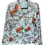 Susan Graver  White Jacket Shirt w/Black Sketch Art, Rhinestone Buttons. Size Lrg Photo 0