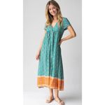 Natural Life  Avery Midi Dress Medium Turquoise Floral Border Button Front Flowy Photo 6
