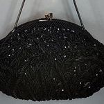 Black Beaded Sequin Purse Handbag Evening Bag Gold Chain Vtg Hong Kong Photo 0
