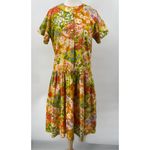Vintage 60s Floral Butterfly Print Shirt Dress Midi High Neck Green Orange XL Photo 2