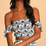 Lulus  Navy Blue & White Tropical Print Smocked Off Shoulder Crop Top Size Medium Photo 0