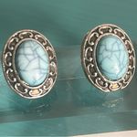 Southwestern Retro Silver Tone and Turquoise Colored Howlite Stone Oval Earrings Photo 5
