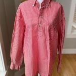 Vintage Obermeyer Red White Gingham Plaid Nylon 1/4 Button Down Fisherman Shirt Size L Photo 0