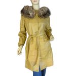 VINTAGE 1970'S BROWN LEATHER WITH BROWN FOX FUR COLLAR TRENCH COAT (S) Photo 2