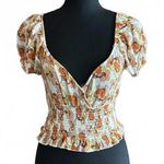 No Frills LA Womens Pullover Top Sz Small Floral V Neck Short Sleeve Orange Photo 0