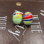 Vintage West Germany Mint Green Striped Glass Cabochon Stainless Steel Earrings Photo 5