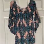 Teal and Coral Paisley Bell Sleeve Flowy Top Pink Photo 1