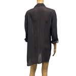 XCVI  Button Up Embroidered Long Roll Tab Sleeve Charcoal Sheer Viscose Blouse L Photo 2