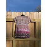 Dress Barn  Blouse Size M Burgundy, Pink, White Geometric Print w/Lace Around Neck Photo 4