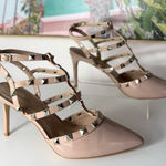 mix no. 6 Nude Studded Patent Leather Caged Strappy Pointed Toe Heels Sz 11 Photo 0