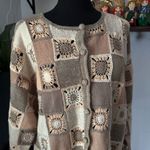 Talbots Vintage  Hand Knit Earth Tone Granny Square Button Down Cardigan Sweater Photo 1