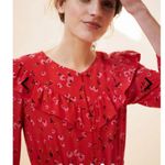 Tara Jarmon Red Midi Dress Women’s Long Sleeve Ruffled Button Front Floral 36 Orange Photo 2