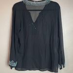 Itsu Womens 100 % Silk Size 6 Long Sleeve Blouse Beaded Sequin Black Blue Photo 8