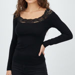 Forever 21  Black Lace Trim Long Sleeve Square Neck Top Size M Photo 0