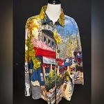 Vintage button up art painting Paris shirt Christopher Banks long sleeve size XL Blue Photo 1