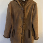 st. john's bay St. John’s Bay Faux Suede/Fur Coat Brown Midi Jacket Size1X Hooded Button Close Photo 0