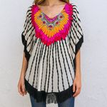 Trina Turk  Boho Fringe Feather Tunic Size L Mod Kaftan Festival Beach Cover Up Photo 1