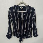 Papaya Navy Blue & White Striped Tie-Front Blouse Photo 1