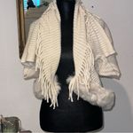 Cream Knit Fringe Shawl with Fur Trim Size undefined Photo 9