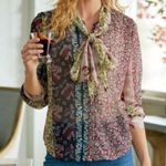 Soft Surroundings Langdon Mixed Print Blouse Size Small Long Sleeve Tie Scarf Photo 0