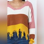NWT Frayed Mustard Pink Brown Color Block Knit Cropped Sweater Size Medium Photo 2
