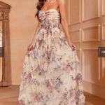 Faeriesty Ruched Bustier Ruffle Trim Hem Floral Print Tube Corset Zip Dress‎ 2XL Pink Size 2X Photo 0