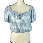 Lucky Brand Large Cropped Top Tassels Ruffled Neck Puff Sleeves Tie-Dye Blue Photo 1