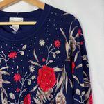 Rebecca Malone Navy Blue Red Rose Floral Long Sleeve Knit Sweater L Photo 2
