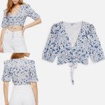 Top Shop Womens Blue Floral Pointelle Eyelet Ruched Ruffle Crop Top Size 10 Photo 3