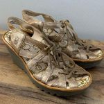 Fly London  Yapi Metallic Gold Leather Ghillie Wedge Sandals Photo 0