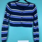 John Galt Striped Button Front Cropped Sweater — Navy Blue Purple White — One Si Photo 0